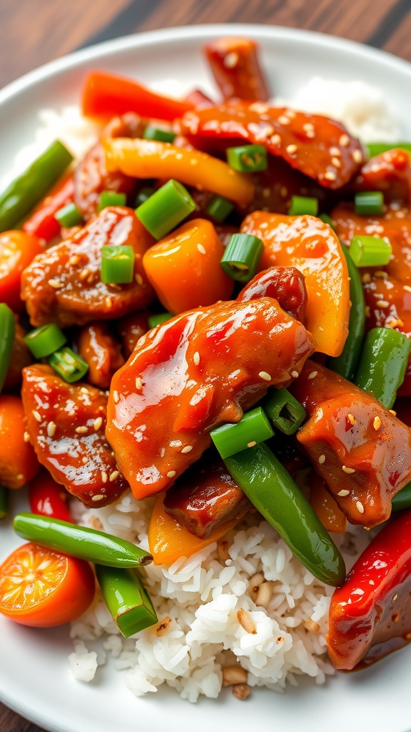 Zesty Asian Duck Stir-Fry with Vegetables A plate of spicy duck stir-fry with vegetables on rice, garnished with green onions and sesame seeds.